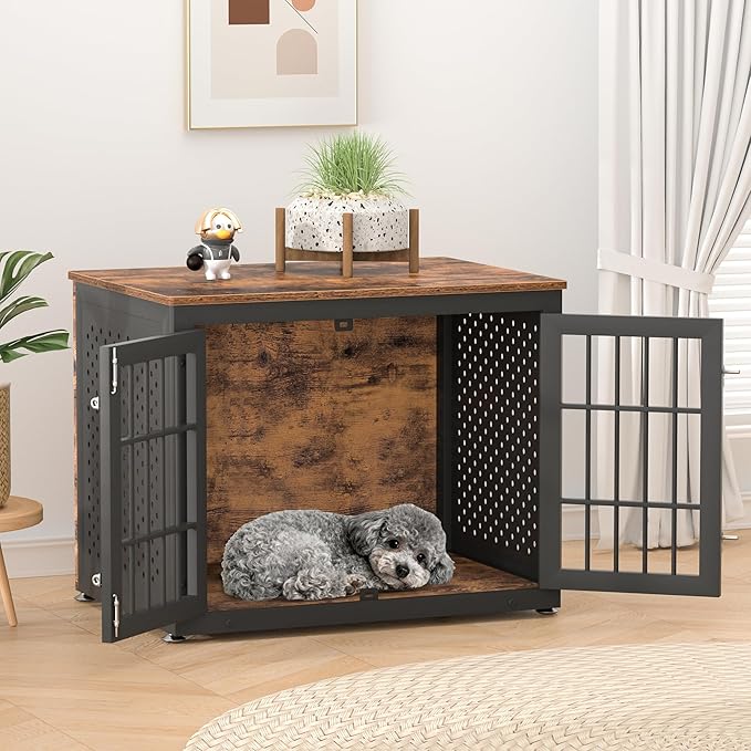 rehomerance 32" Heavy Duty Dog Crate Furniture for Small and Medium Dogs, Metal Kennel for High Anxiety Dogs, Chew Proof Pet Cage Indoor, Decorative Dog Kennel End Table