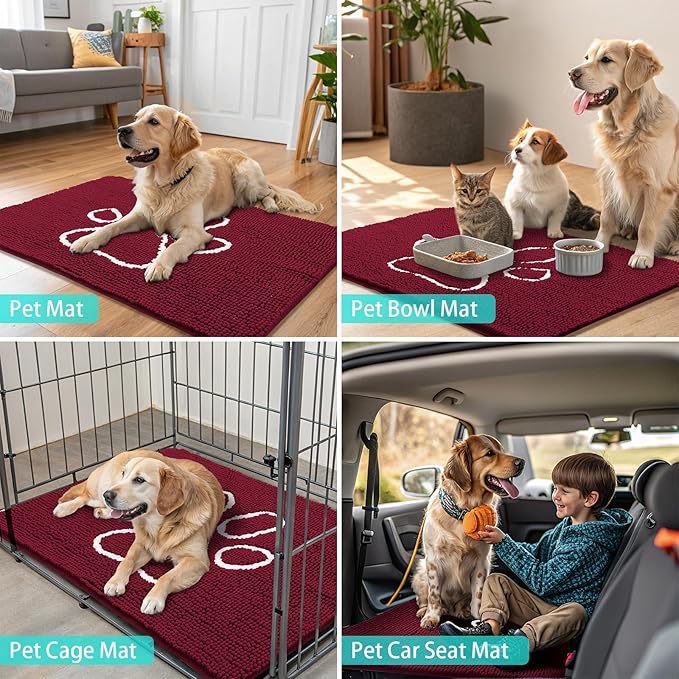 Smiry Dog Door Mat for Muddy Paws, Absorbent Dirt Trapper Non Slip Quick Dry Washable Chenille Mat for Mud Dogs, Entry Rug for Indoor and Outdoor (48x30 Inches, Burgundy and White)
