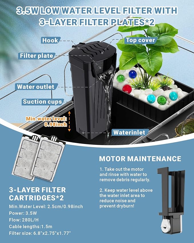 GOZILLA Small Turtle Tank Kit(Tank+Lamp+Filter), Acrylic Turtle Starter Kit with Adjustable Lamp, Reptile Habitat and Terrarium with Multi-Functional Areas for Small Reptiles. (Black Kit)