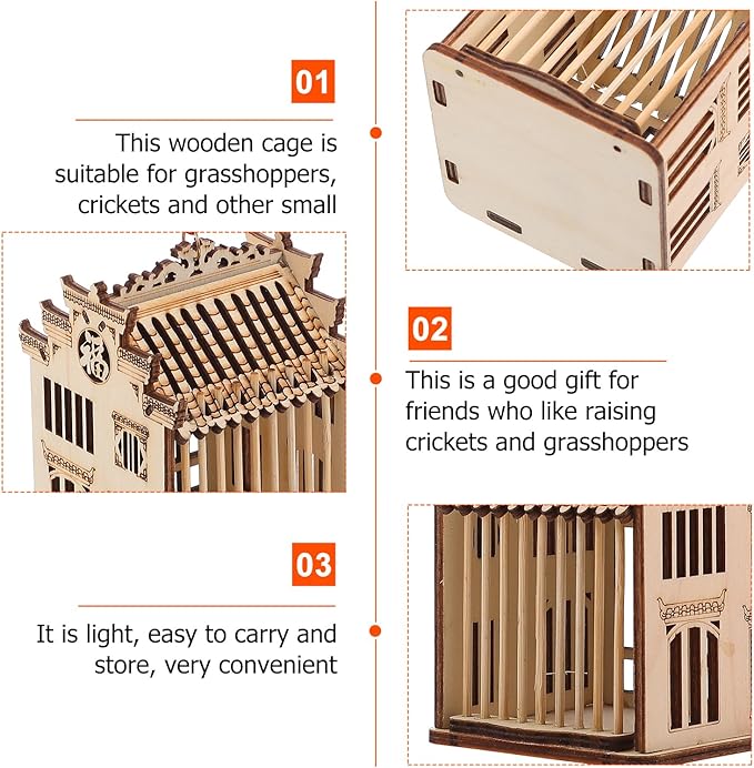 DECHOUS 1Pc Wooden Grasshopper Cage, Cricket Cage Small Wooden House Reptile Feeding Box Wood Cricket Ideal for Storage and Transport