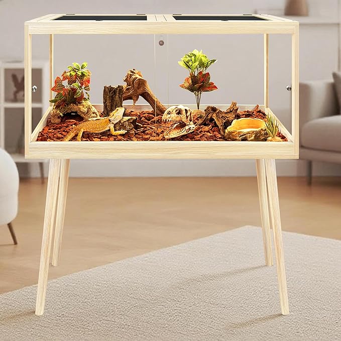 PROLEE Bearded Dragon Tank with Leg Stand 34 Gallons, Wooden Lizard Tank,Reptile Tank with Metal Mesh Roof Door, Acrylic Panel Snake Tank with Lock Design (Oak, 32"x16"x16")
