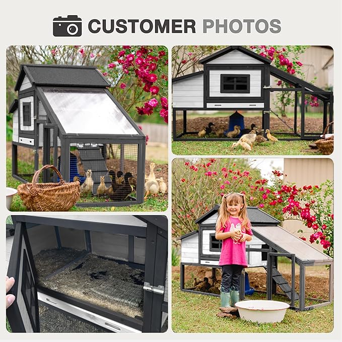 Wooden Chicken Coop with Run, Mobile Chicken House with Wheels, Outdoor Hen Poultry Cage with Leak-Proof Tray and Nesting Box, Lager Chicken Coops with UV-Resistant Roof for 2-3 Chickens (White)
