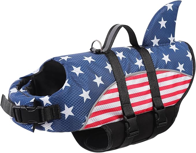 Queenmore Small Dog Life Vest for Boating, American Flag Dog Vest for Swimming, Lightweight Small Dog Life Jacket with Shark Fin/Rescue Handle/Leash Hook, S