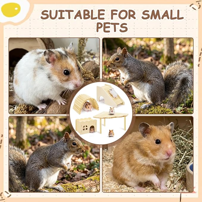 BreezeHug 4 Pcs Hamster Platform Hideout Wooden Tunnel Ladder Playhouse Hamster Game Climbing Toy with Platform Cage Accessories for Small Pets Dwarf Syrian Mice Degus Gerbils Squirrel(Wave)