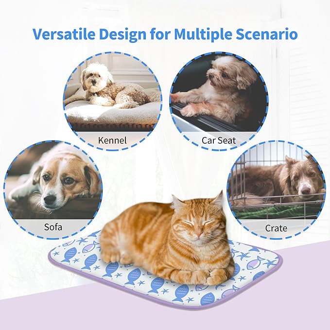 NWK Pack of 4 Pet Cooling Mat -Q-Max>0.345 Ice Silk Cooling Mat for Dogs & Cats Portable & Washable Pet Cooling Blanket, Car Seats, Beds for Summer (4pcs, Purple Fish, 20'' X 16'' X 0.3'')