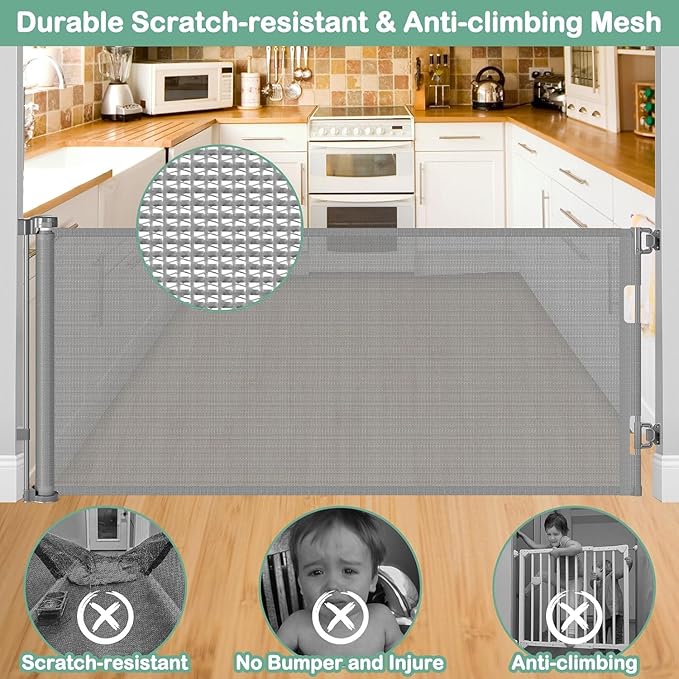 55 Inch Retractable Dog Gate Outdoor Scratch-Resistant Mesh Baby Gate for Stairs Retractable Baby Gates for Doorways Anti-Climb Outdoor Dog Gates for Decks Keep Kid/Pet away from Dangerous Place, Gray