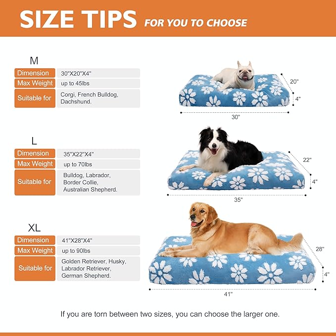 Dog Beds for Extra Large Dogs, Cute Thick Dog Bed for Crate Kennel, Fluffy Pet Bed with Removable Washable Cover and Anti-Slip Bottom, 41"x 28", Blue Flower