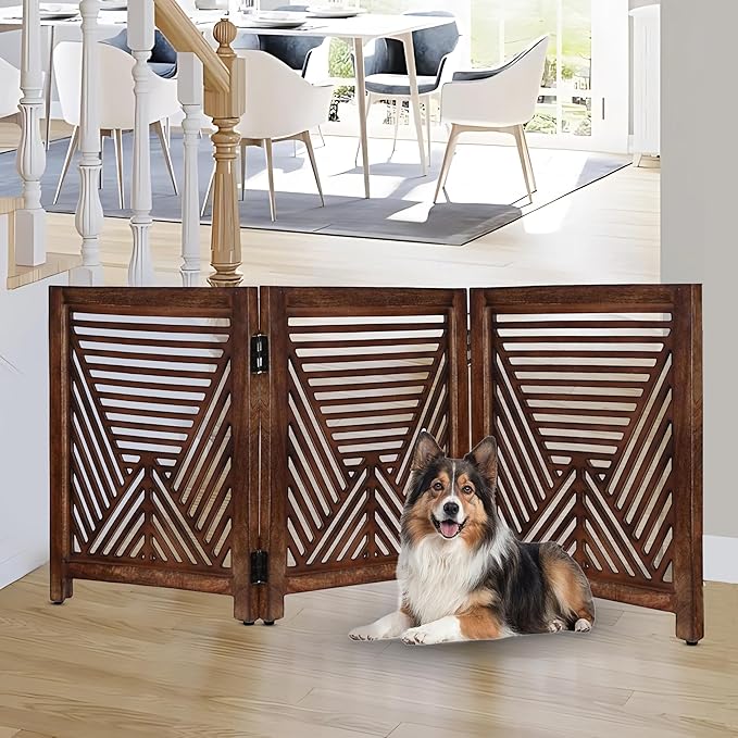 Lightnpro Geometric Wooden Dog Gate - Stylish Freestanding Foldable Indoor Pet Barrier, Extra-Wide Safety Gate for Dogs & Small Pets, Perfect for Stairs & Entryways - 24x54 Inch Natural Burnt Finish