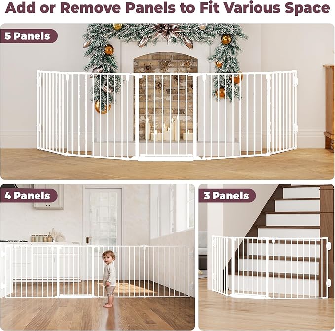 127.5" Extra Wide Baby Gate for Fireplace Christmas Tree, Configurable 5 Metal Panels Baby Fence, Child Gate for Wide Openings with Anti-Trip Pedal, Long Kid Gate for Dog Pet, 28'' Tall White