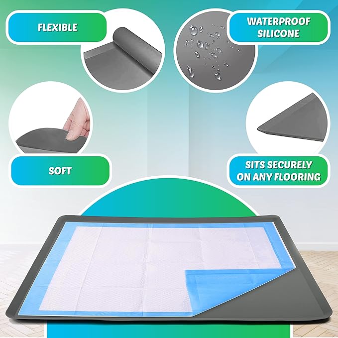 TidyFriend Pee Pad Holder Tray 30 x 23 Inches, Silicone Dog Potty Tray, Easy to Clean No Spill Dog Potty Training Pad Holder (Light Grey)