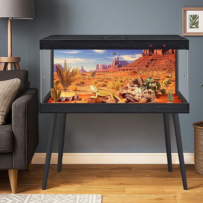 Royxen Bearded Dragon Tank, 36 Gallon Reptile Tank with Leg Stand,Built-in Lighting Reptile Enclosure, Tempered Glass Bearded Dragon Encloure for Chameleon (Black,32"x 16"x 16")