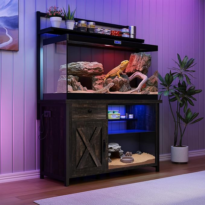 Reptile Tank Stand with Power Outlet, Terrarium Stand with Storage Cabinet, 49" X 20" Tabletop, Aquarium Stand with LED Lights, Reptile Terrarium,Turtle Tank (Oak)
