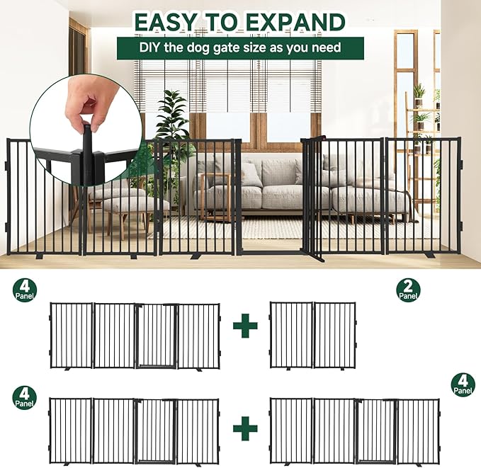 Snagle Paw Metal Freestanding Dog Gate with Door, 80” W x 24” H Dog Fence with Support Feet for Doorways, Stairs and Hallways, Portable Pet Gate for Indoor Use (4 Panel, Black)