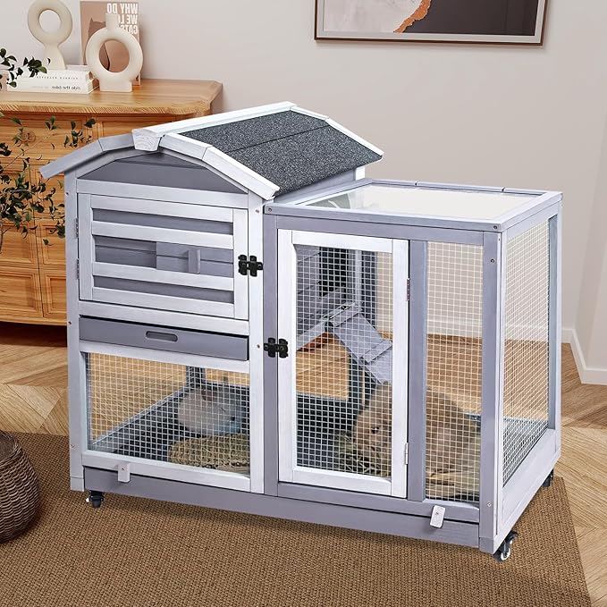 GEGURI Rabbit Hutch Indoor Rabbit Cage Outdoor, Wooden Bunny Cages for Guinea Pig with Wheels