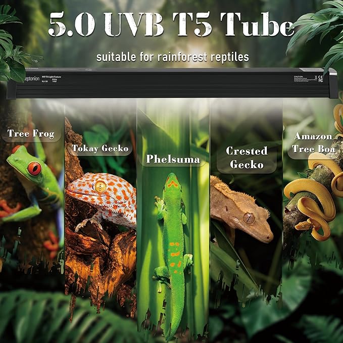 8W Reptile T5 HO UVB 12.5" 5.0 Light Fixture with Tube, Low-to-Moderate UVB Hood for Terrariums, Suitable for Arid Reptiles Like Leopard Gecko