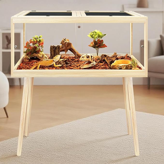 PROLEE Bearded Dragon Tank with Leg Stand 81 Gallons, Wooden Lizard Tank,Reptile Tank with Metal Mesh Roof Door, Acrylic Panel Snake Tank with Lock Design (Oak, 48"x20"x20")