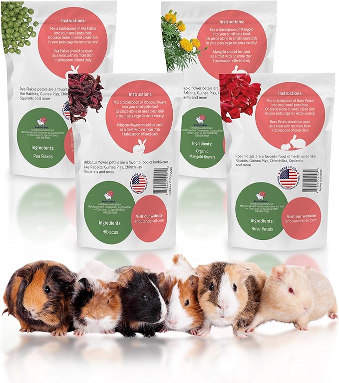 Floral Favorites by Snout and Shell – 4-in-1 Natural Treats for Small Pets – Pea Flakes, Marigold, Rose Petals & Hibiscus – Healthy Snacks for Rabbits, Guinea Pigs, Chinchillas & More