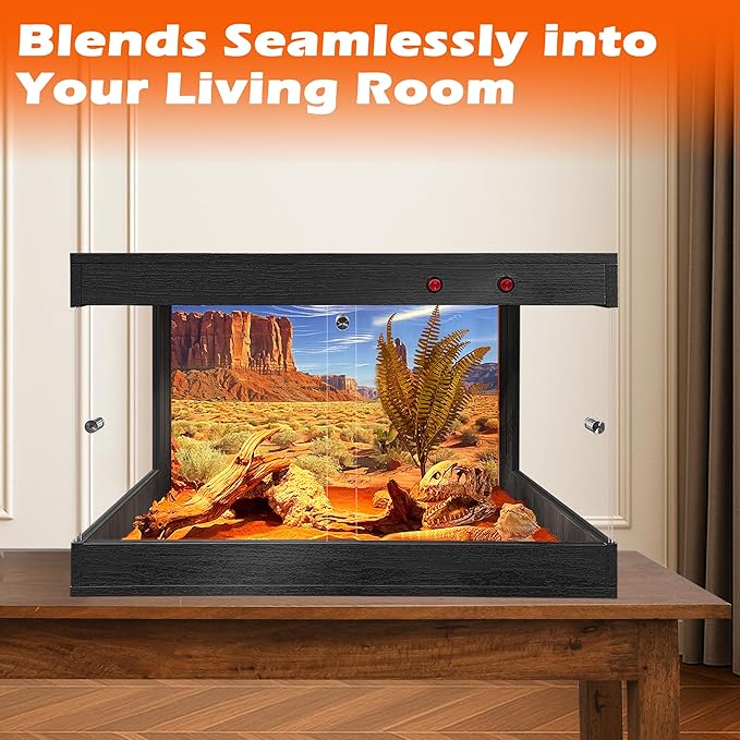 ROYXEN Reptile Tank, 30 Gallons Reptile Enclosure with Lockable Design, Tempered Glass Bearded Dragon Tank for Lizard Habitat, Soild Wood Built-in Sockets (Black, 23.5"x15.5"x15.5")