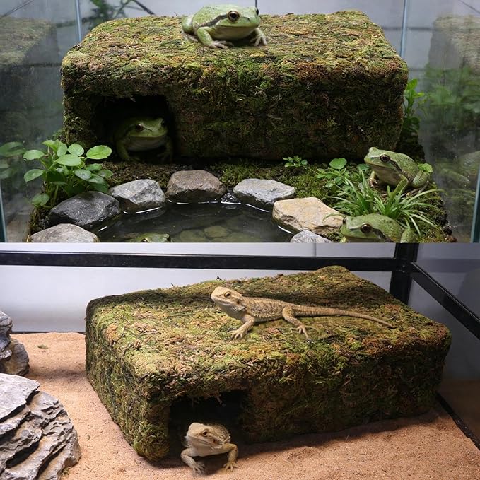 Mossy Cave Hide for Reptiles, Yellow Color Lizard Moss Hideout with Safe Shelter, Snake Cave Hut for Themed Terrarium Ideal for Gecko Hamster Snake to Rest & Hide