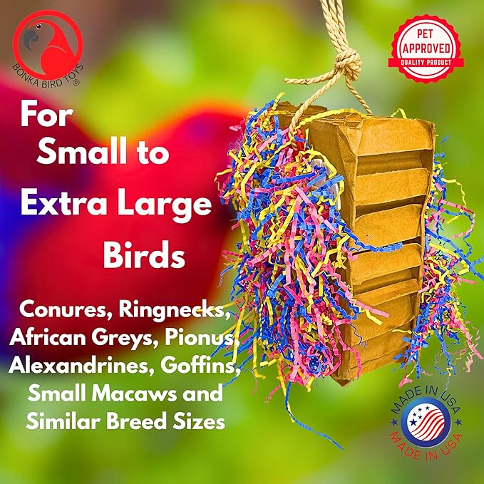 Bonka Bird Toys 3805 Extra Large Harry Box 17" x 7.5" Cardboard Shredding Toy with Sisal Rope for Chewing Foraging Medium to Large Birds Amazon, African Grey, Eclectus, and Similar