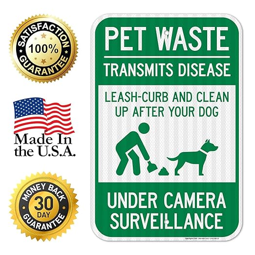 Pet Waste Leash-Curb and Clean Up After Your Dog Under Camera Surveillance Sign, (SI-63188) 12x18 Inches, 3M EGP Reflective .063 Aluminum, Fade Resistant, Made in USA