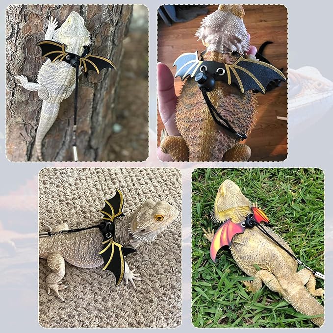 Pawaboo Adjustable Bearded Dragon Harness and Leash, 3 Size Leather Reptile Leash Outdoor Harness Leashs with Bat Wings for Lizard Reptiles Amphibians Small Pet, Small/Medium/Large, Leopard Dusty Blue