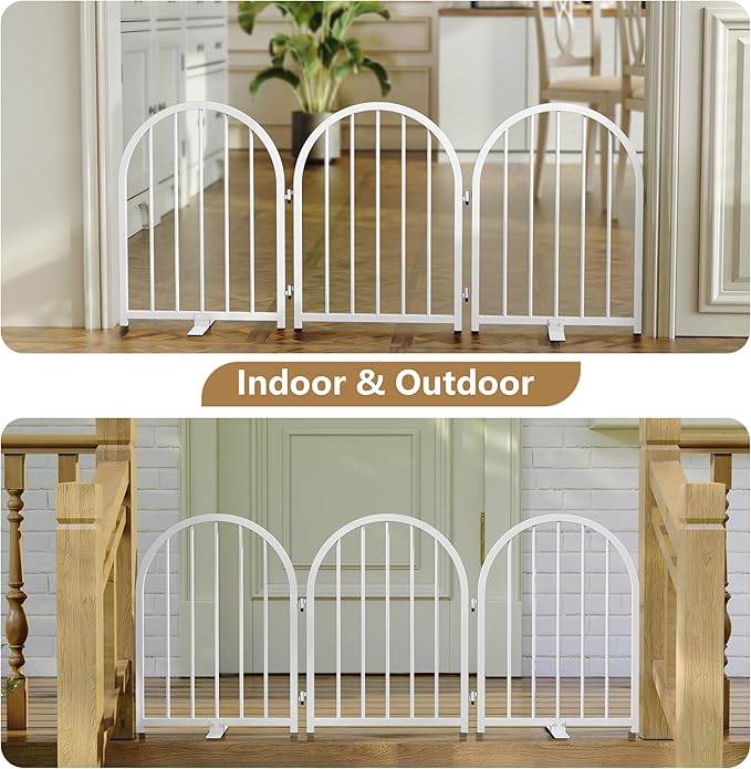 PUPETPO Full Metal Dog Gate for Indoor Outdoor, 24" Tall Free Standing Pet Dog Fence, 54" Wide Arched Pet Gates for Stairs, Hallways, Doorways, Kitchen, Decks, Yards (White, 3 Panels)