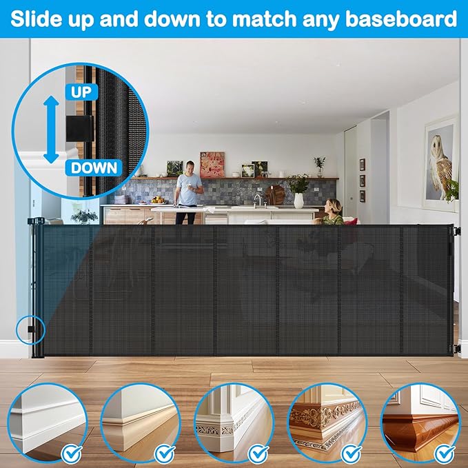 Reinforced Bottom 42" Extra Tall x 100" Extra Wide Retractable Baby/Pet Gate - Black Mesh - Wall Mount - Suitable for Babies, Dogs, Cats (6-24 months) - HH-A126