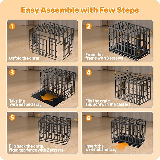 Hiwokk 38 Inch Heavy Duty Dog Crate, Indestructible Escape-Proof Dog Kennel for High Anxiety Large Dogs, Strong Metal Pet Cage with Double Doors, Lockable Wheels & Removable Tray, XL XXL XXXL