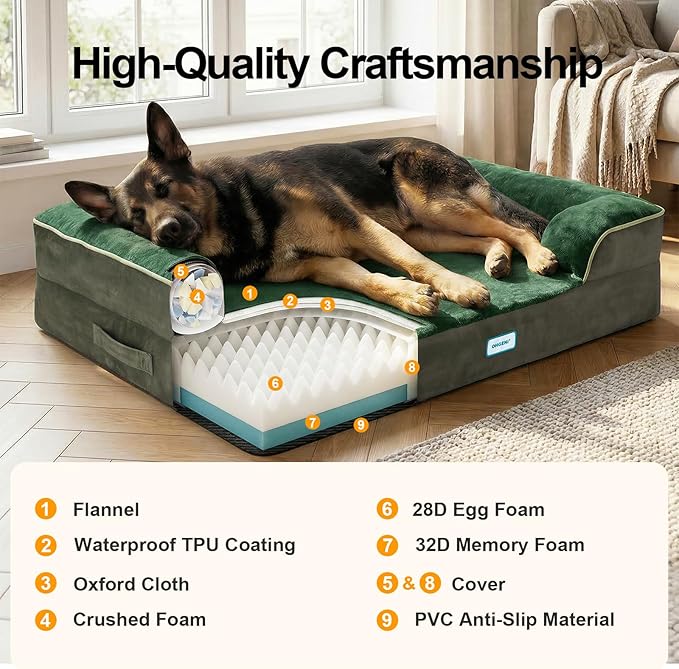 OhGeni Orthopedic Dog Bed Couch Big Cat Sofa for Extra Large Sized Pets with Memory Foam, Machine-Washable Waterproof Removable Cover, Soft Comfortable Fabric, 44-inch (Green)