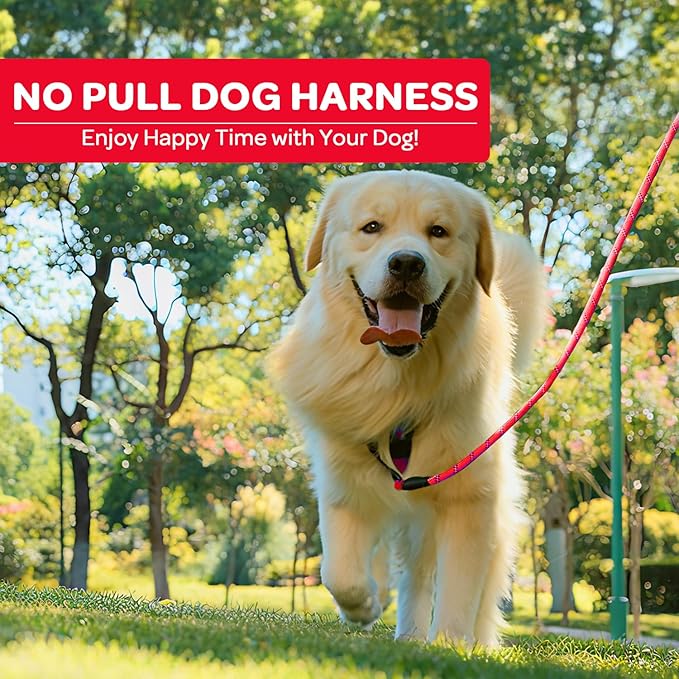 FURRYFECTION Plaid Dog Harness for Large Dogs, Reflective No Pull Adjustable Pet Vest with Front Clip, Leash, Easy Control Handle and Seat Belt, Red, XL