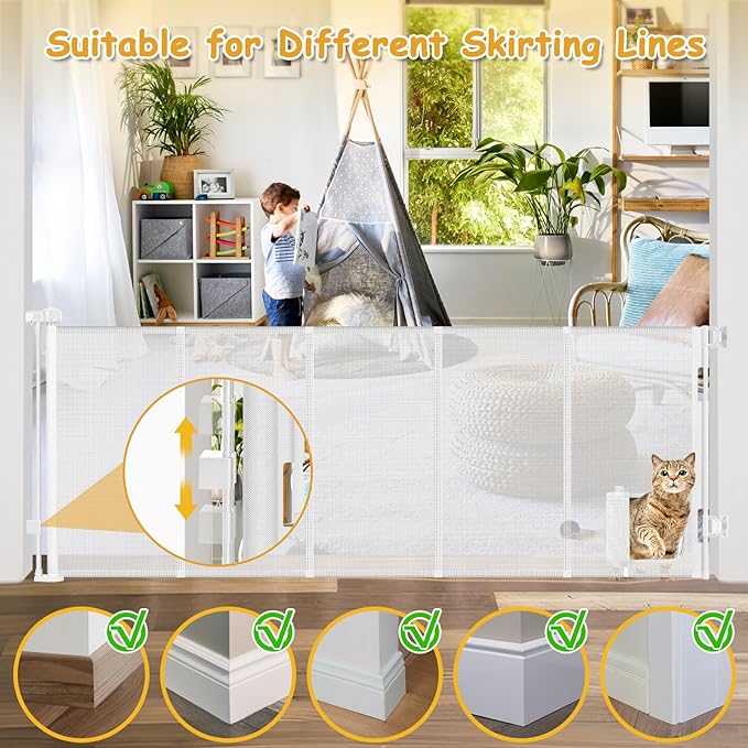 Reinforced 90” Extra Wide Retractable Baby Gate with Cat Door 33 Inch Tall Retractable Gates for Dogs Indoor with Door 7.5 Ft Extra Long Baby Gates for Large Openings Mesh Pet Gate Indoor, White
