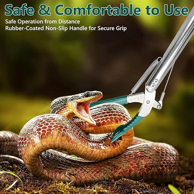 50 Inch Collapsible Snake Tongs, Heavy Duty Rust Proof Stainless Steel Snake Grabber Tool with Non-Slip Rubber Coated Jaw & Handle, 3-Section Folding Reptile Catcher for Catching & Wildlife Handling