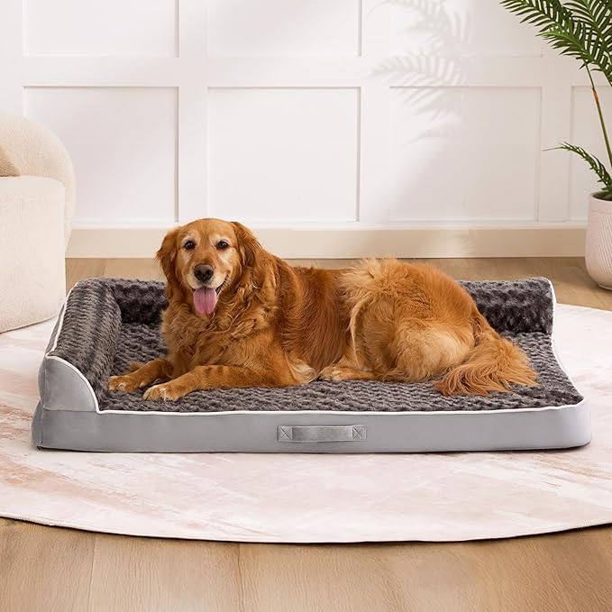 Dog Bed Large Sized Dogs, Orthopedic Dog Bed for Large Dogs, Waterproof Pet Bed with Washable Removable Cover, L-Shaped Pet Couch with Portable Handle 36"x27"x6.5", Grey