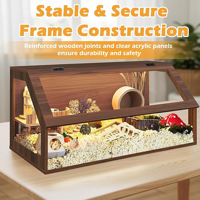 PROLEE Hamster Cage Chewproof, Sloped Mice and Rat Habitat with Clear View, Solid Built with Lockable Design and Openable Top (Walnut)
