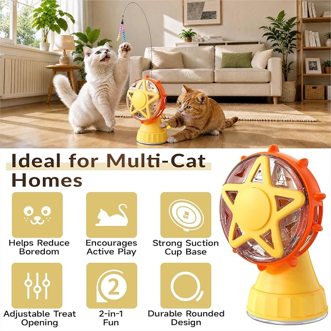 2-in-1 Cat Toys Food Dispenser & Teaser Interactive Toys (Yellow) - Image 7