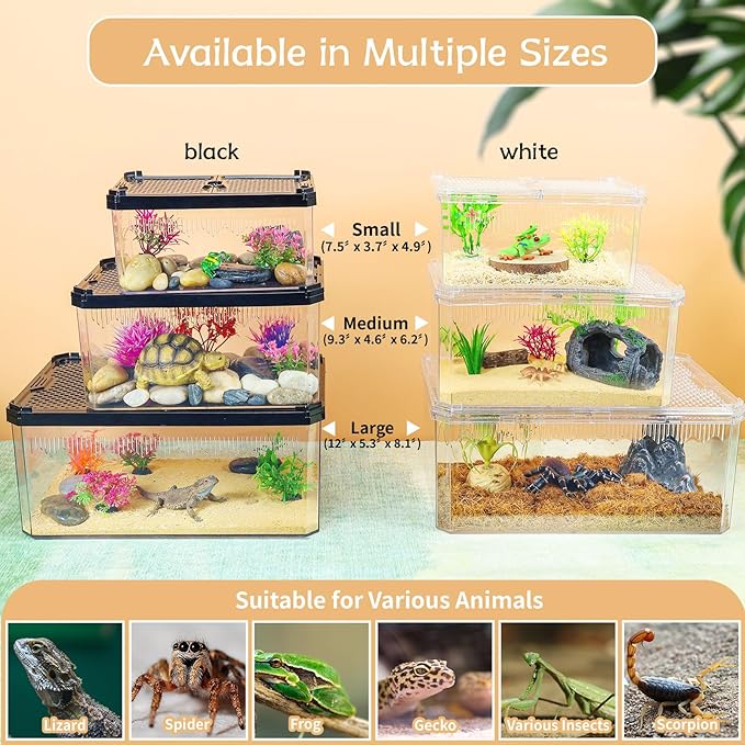 High-Transparency Reptile & Insect Enclosure Terrarium with Magnetic Door, Excellent Ventilation, Easy Cleaning, and Strong, Long-Lasting Build for Cricket,Gecko, Hermit Crab (White, 7.5x4.9x3.7 Inch)