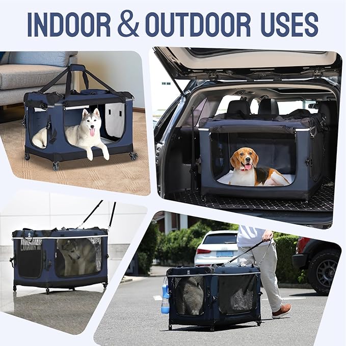 PEGIC 30IN Soft Collapsible Dog Crate w Detachable Wheels, Rolling Travel Dog Crate for Medium Breed Dogs, Portable Dog Kennel with Mesh Windows, Indoor & Outdoor Uses