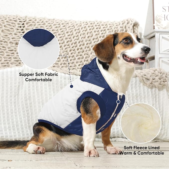 Vecomfy Fleece Lining Extra Warm Dog Hoodie in Winter for Small Dogs Jacket Puppy Coats with Hooded,Beige and Blue M