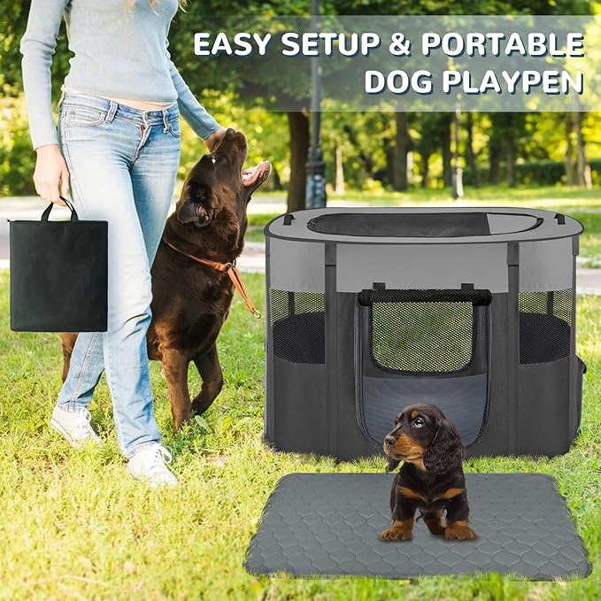 Large Dog Cat Playpen Crate with Waterproof Pad,Portable Collapsible Pet Dog Cat Kennel Cage Tent,Suitable for Indoor Outdoor Travel Camping,Water-Resistant Breathable Shade Cover (Grey L)
