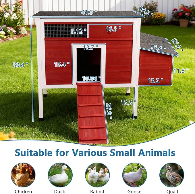FunXplore Chicken Coop Hen House Wooden Insulated Poultry Cage Rabbit Hutch with Nesting Box Asphalt Roof Pull-Out Metal Tray Elevated Legs Removable PVC Layer
