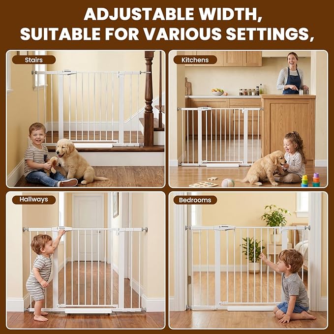 Mumeasy 29.6-46" Baby Gate for Stairs, Pressure Mounted Dog Gate for Doorways, Auto Close Pet Gate for Indoor Use, Extra Wide Child Gate with Walk Thru Door White, Mom's Choice Awards Winner
