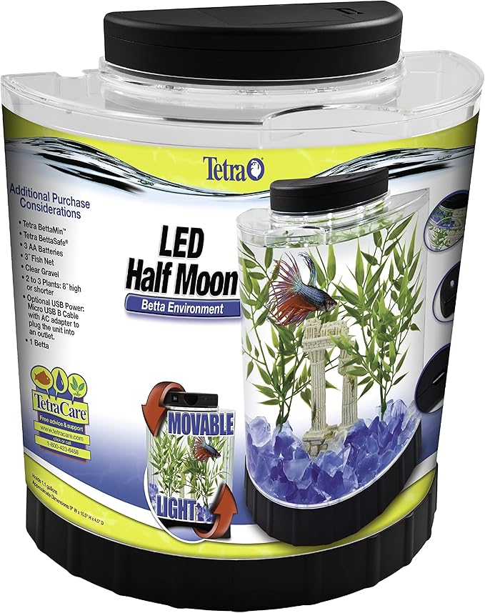 Tetra 1 Gallon Half Moon Small Fish Tank w/Movable LED Light, for Betta & Gold Fish, Aquarium | (Pack of 3)
