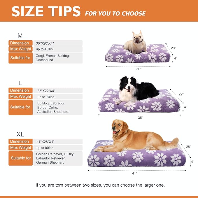 Dog Beds for Extra Large Dogs, Cute Thick Dog Bed for Crate Kennel, Fluffy Pet Bed with Removable Washable Cover and Anti-Slip Bottom, 41"x 28", Purple Flower