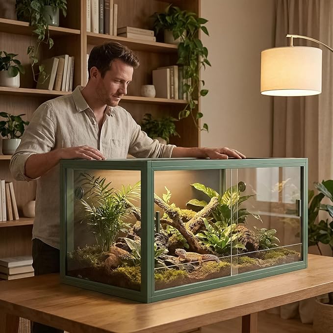 120 Gallon Reptile Terrarium 4x2x2, Extra Large Glass Enclosure with Sliding Doors, Heavy-Duty Screen Top Ventilation, Secure Anti-Escape Habitat for Bearded Dragons, Lizards & Snakes - Green