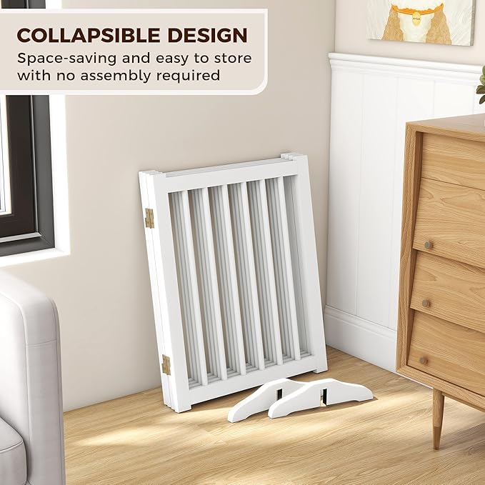 Solid Wood Freestanding Pet Gate - 4 Panels 24" - Folding Safety Fence with 2 Support Feet - Ideal for Stairs, Doorways, Halls, Kitchens - Indoor Wooden Dog Gate - White Color