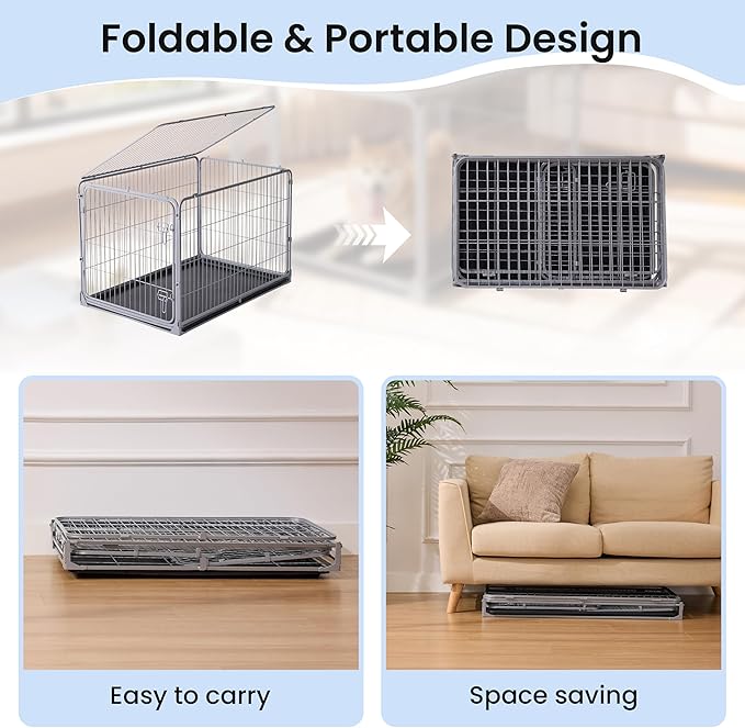 ZOMISIA Collapsible Dog Crate for Large Dogs - 42 inch Escape Proof Double Door Metal Dog Kennel with Lockable Wheels, Easy Assembly Foldable Cage with Removable Tray for Indoor Outdoor, Silver Gray