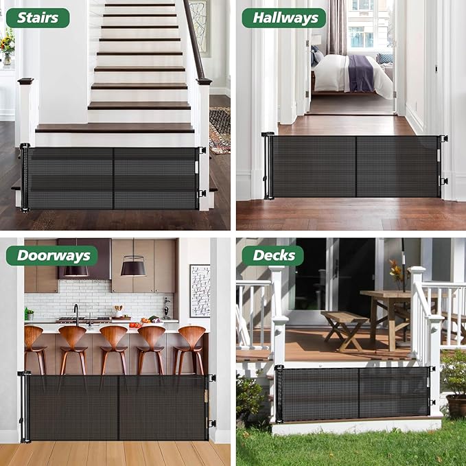 Reinforced 24 Inch Tall Retractable Baby Gates, Short Dog Gates to Step Over, Expands 0-55 Inches Wide, Mesh Pet Gate with Support Rods, Small Puppy Gates for the House, Black