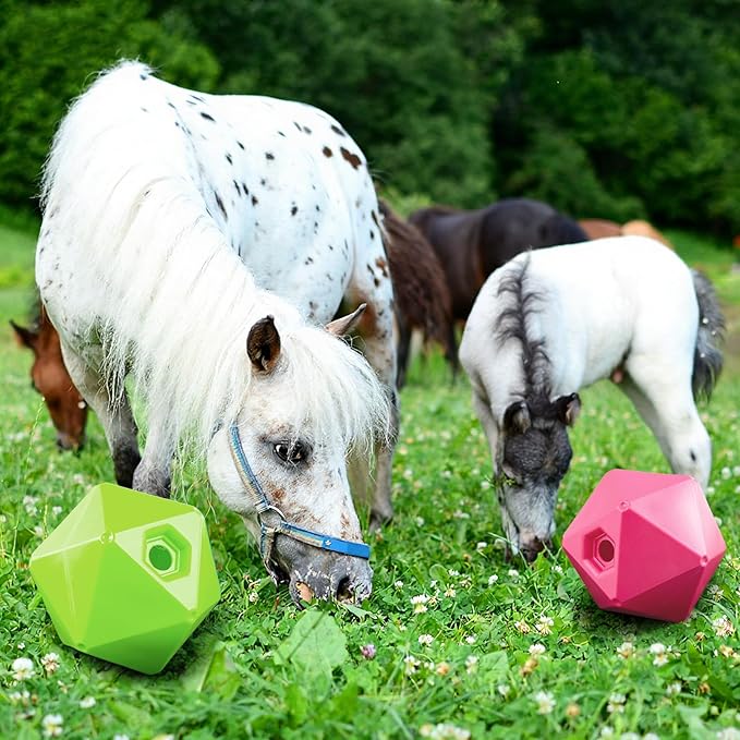 Horse Treat Ball, 9" Horse Ball Feeder Toy & Stress Reliever with 1.13 Inch Opening for Paddock, Slow Feed Enrichment Toys for Horses to Play(2 Pack,Green Pink)