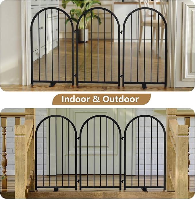 PUPETPO Full Metal Dog Gate for Indoor Outdoor, 32" Tall Free Standing Pet Dog Fence, 54" Wide Arched Pet Gates for Stairs, Hallways, Doorways, Kitchen, Decks, Yards (Black, 3 Panels)
